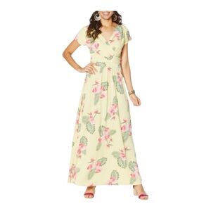 IMAN Global Wrinkle Resistant Yellow Pink Hibiscus Floral Maxi Dress Size XLP